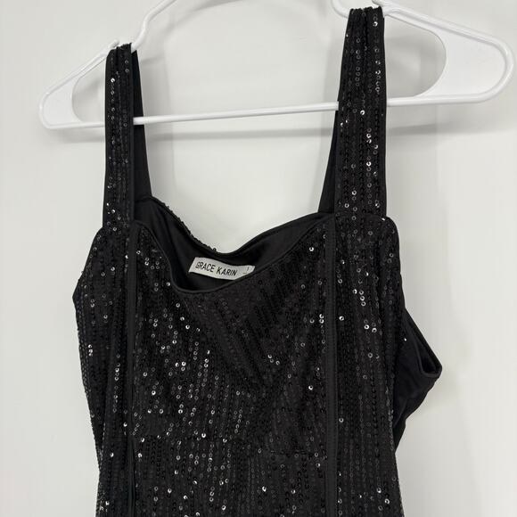 Grace Karin Black Sequin Tank Top Size Large Party y2k New Years - Picture 4 of 9